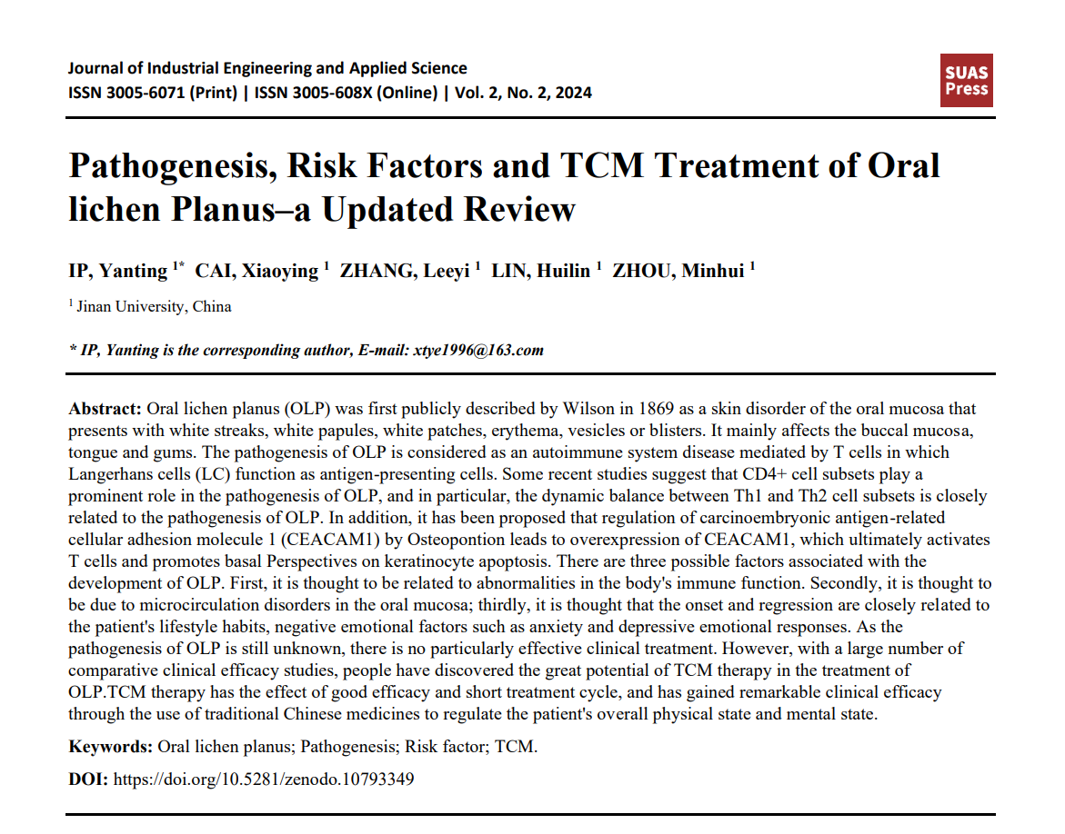 Pathogenesis, Risk Factors and TCM Treatment of Oral lichen Planus–a Updated Review 