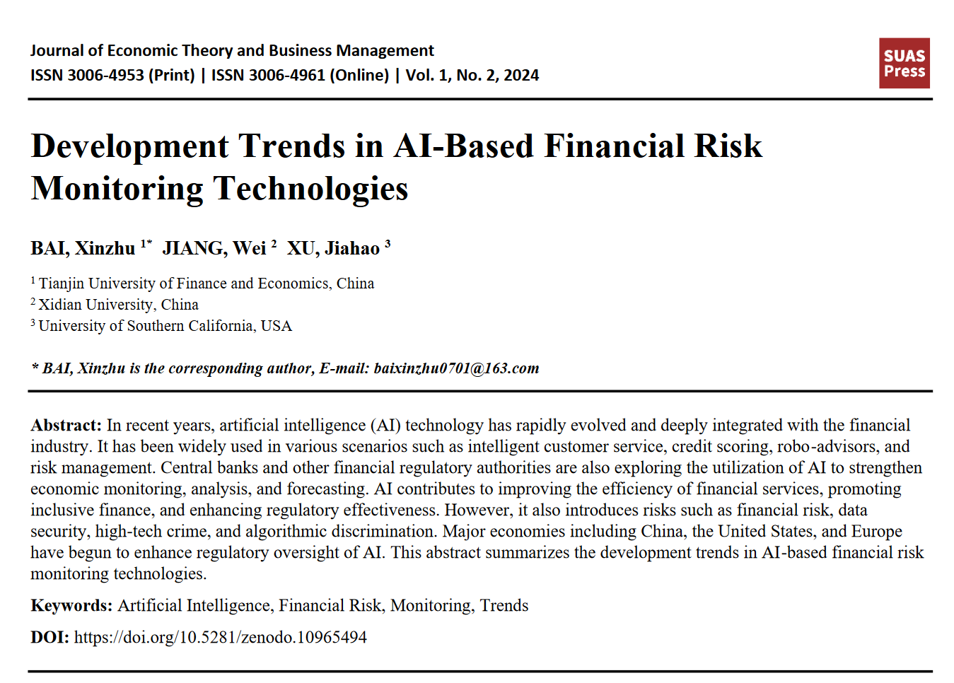 Development Trends in AI-Based Financial Risk Monitoring Technologies
